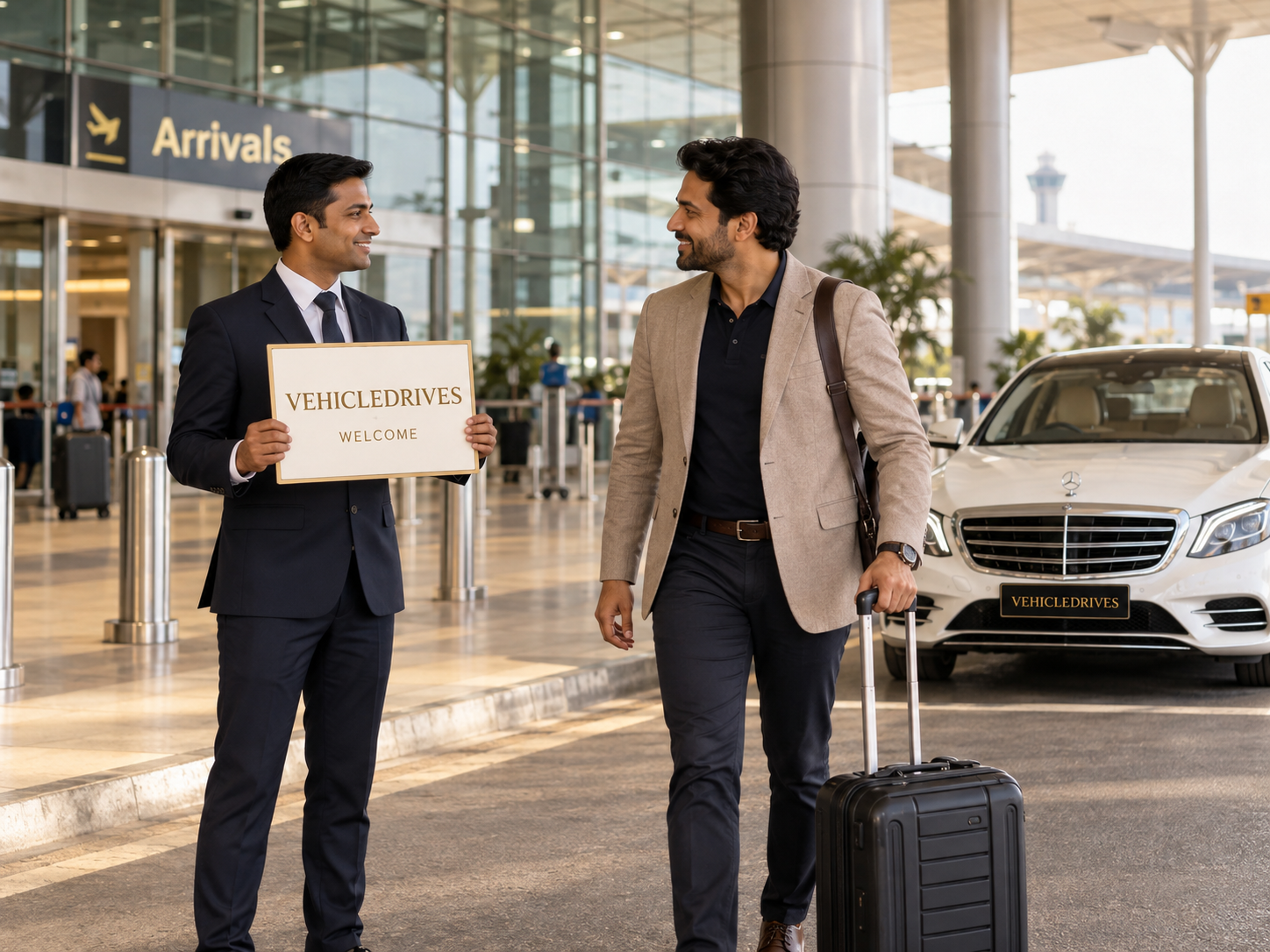 airport welcome beside a luxury sedan