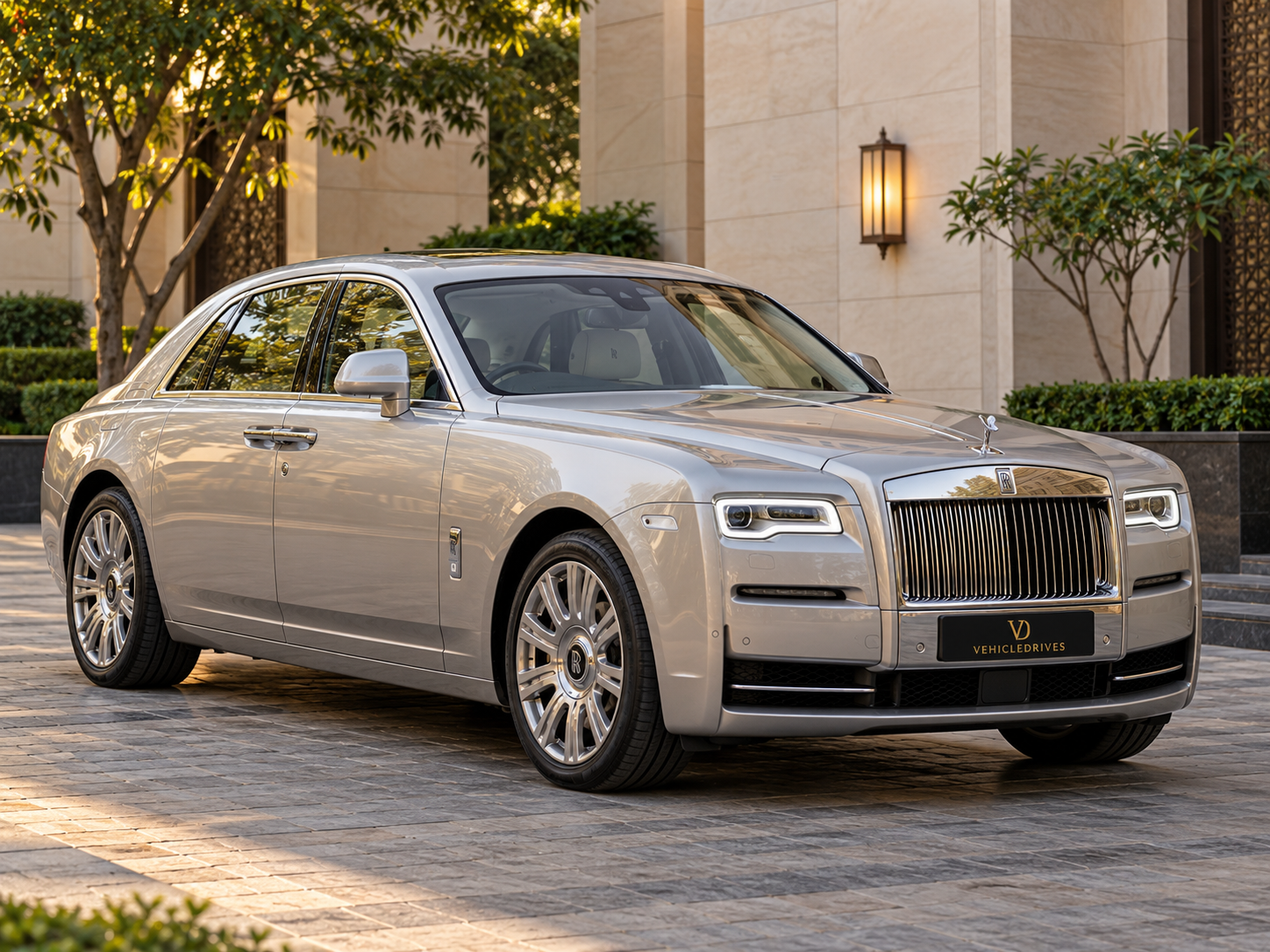 champagne rolls royce ghost in an elegant courtyard 1