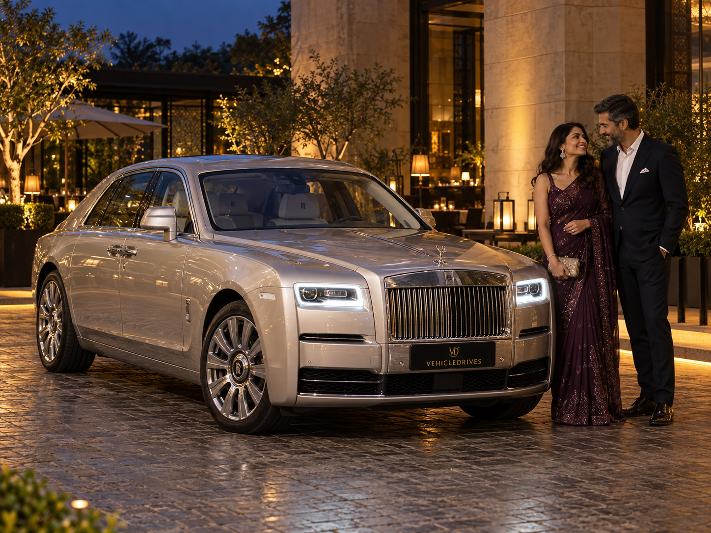champagne rolls royce in delhi at blue hour 2