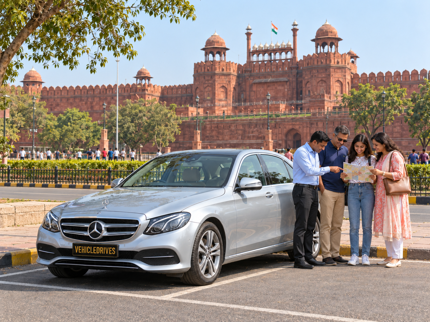 chauffeur guides family at red fort