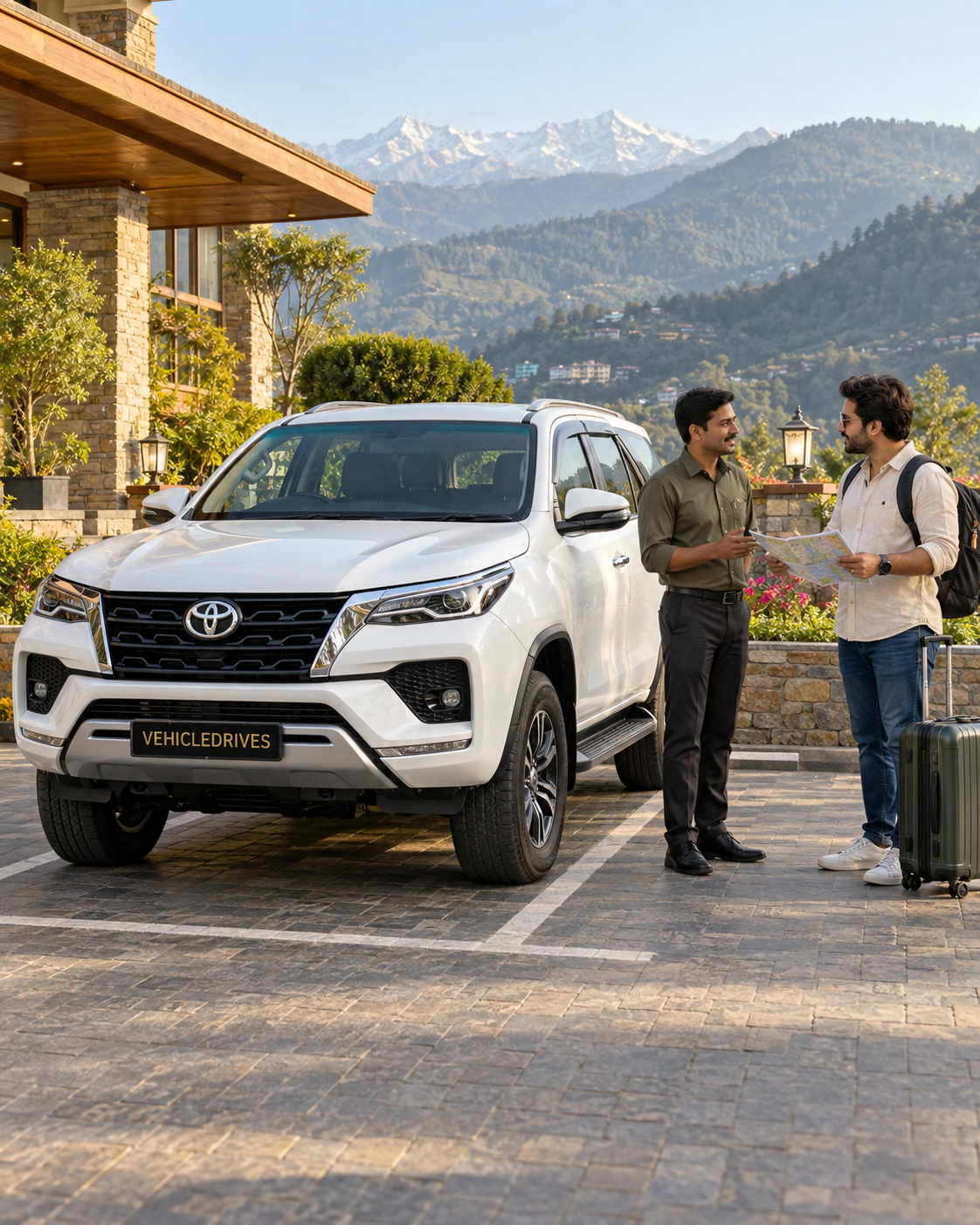 chauffeur and traveler beside a mountain suv 1