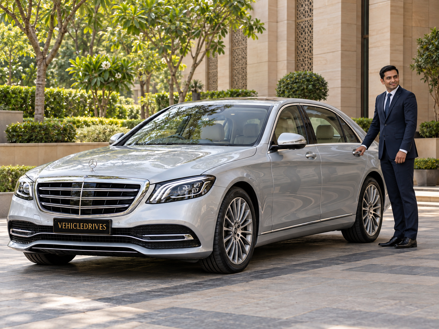 chauffeur beside silver mercedes s class