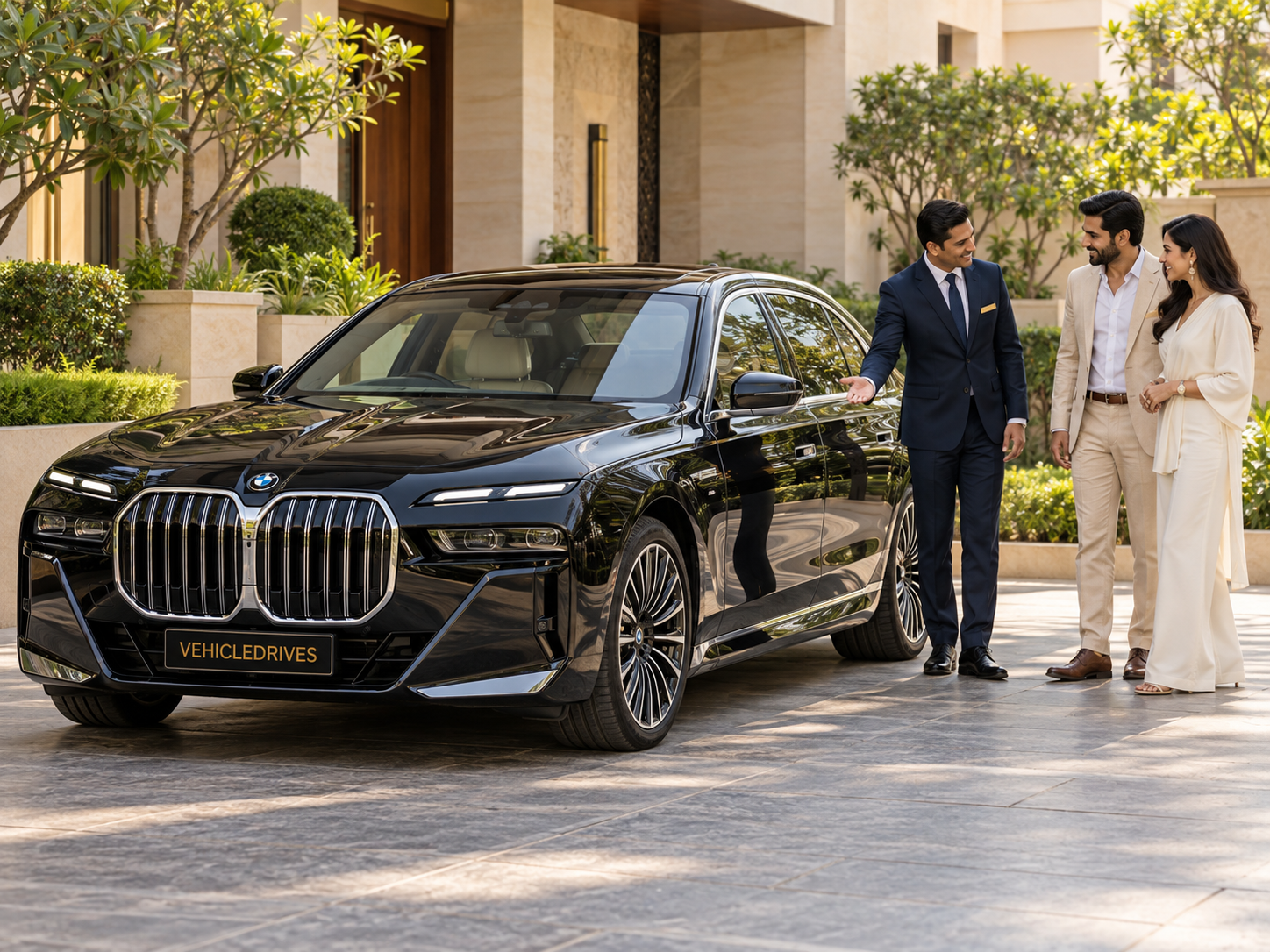 chauffeur welcome beside a bmw 7 series 1