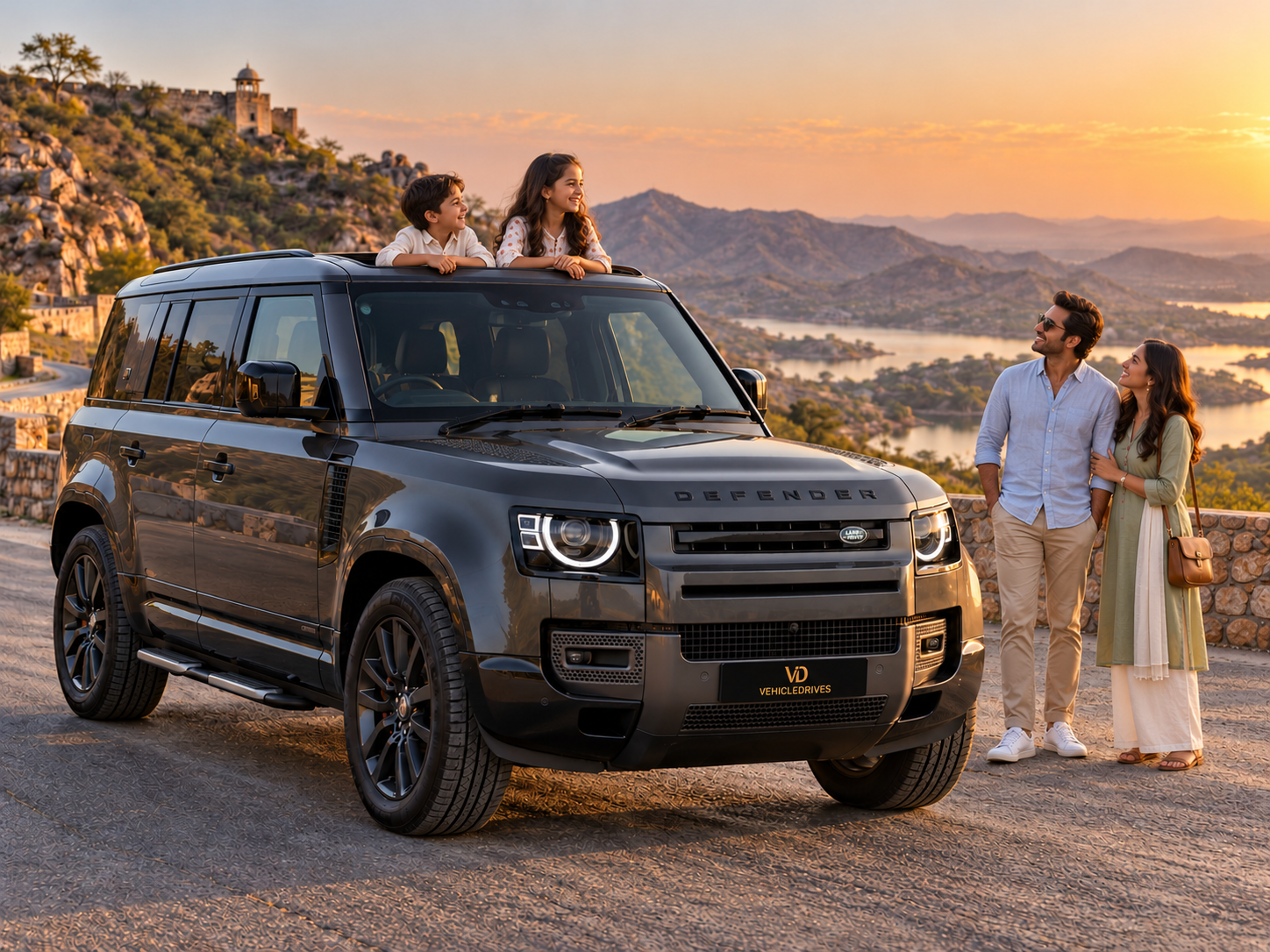 family smiles through the defender sunroof