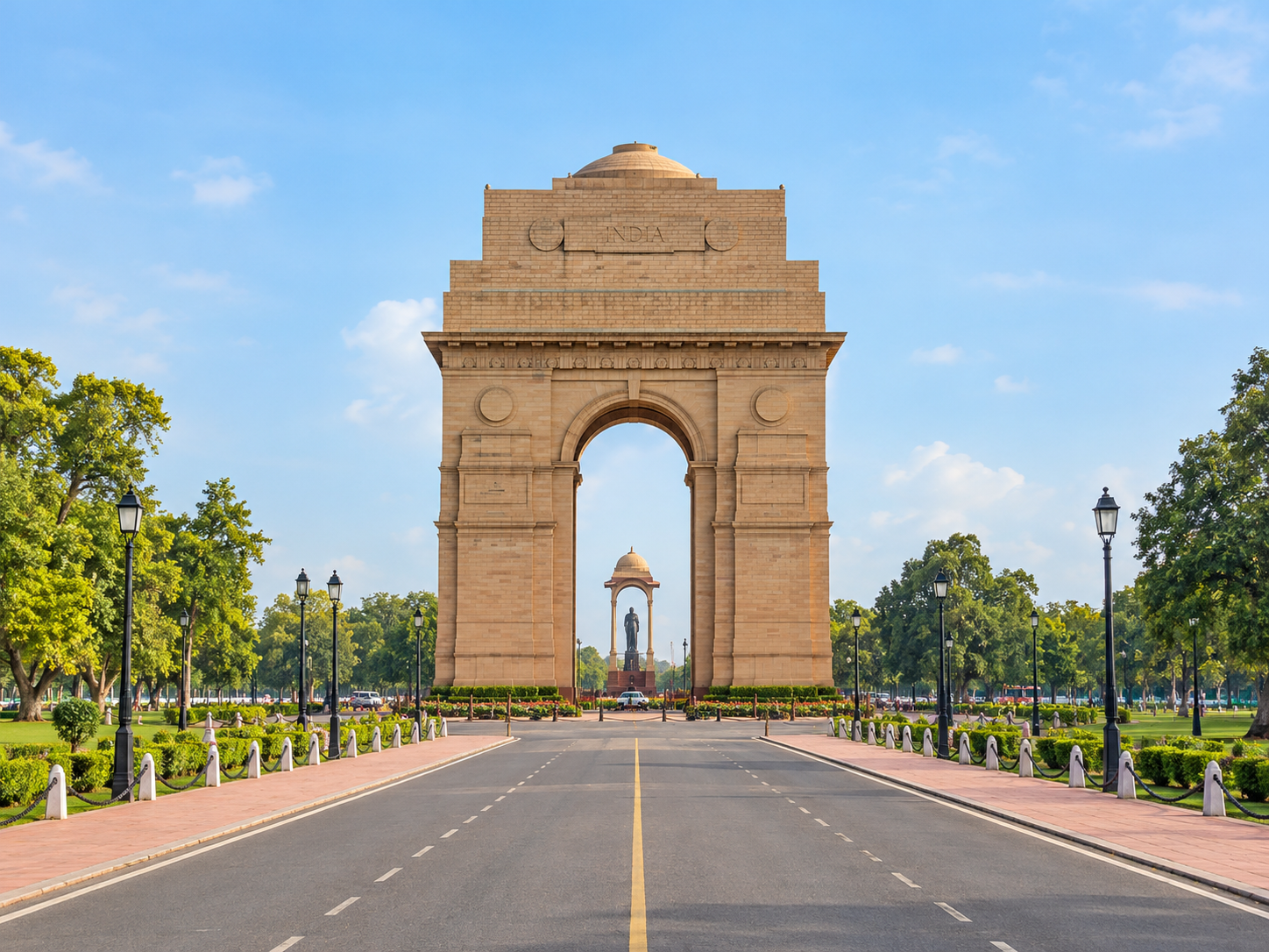 India Gate and its tree-lined avenue in New Delhi
