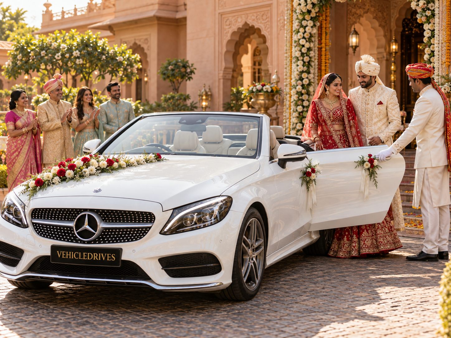 jaipur wedding arrival with a white mercedes
