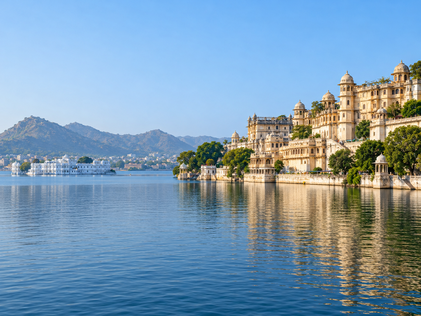 Lake Pichola and the City Palace shoreline in Udaipur