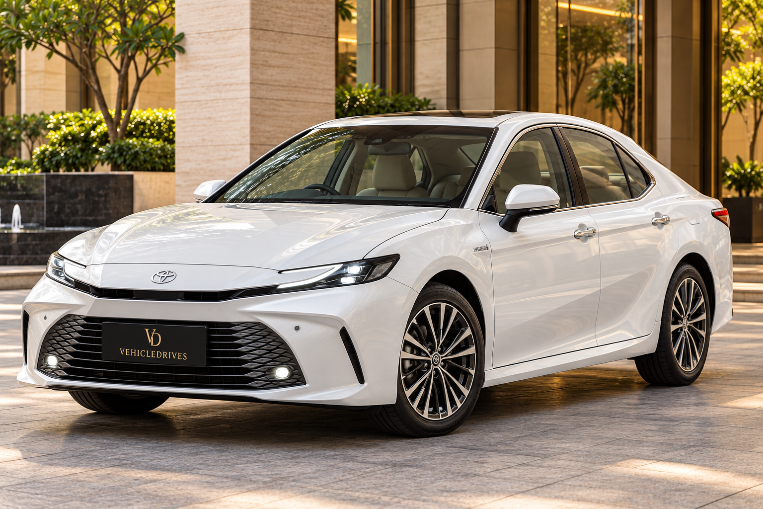 pearl white camry at the hotel forecourt