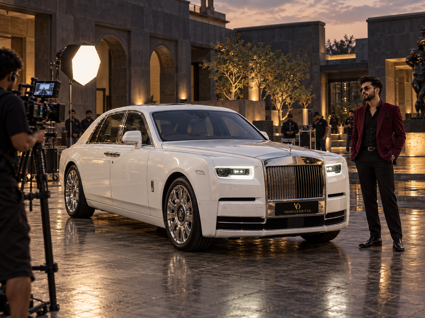 pearl white rolls royce at a music shoot 4