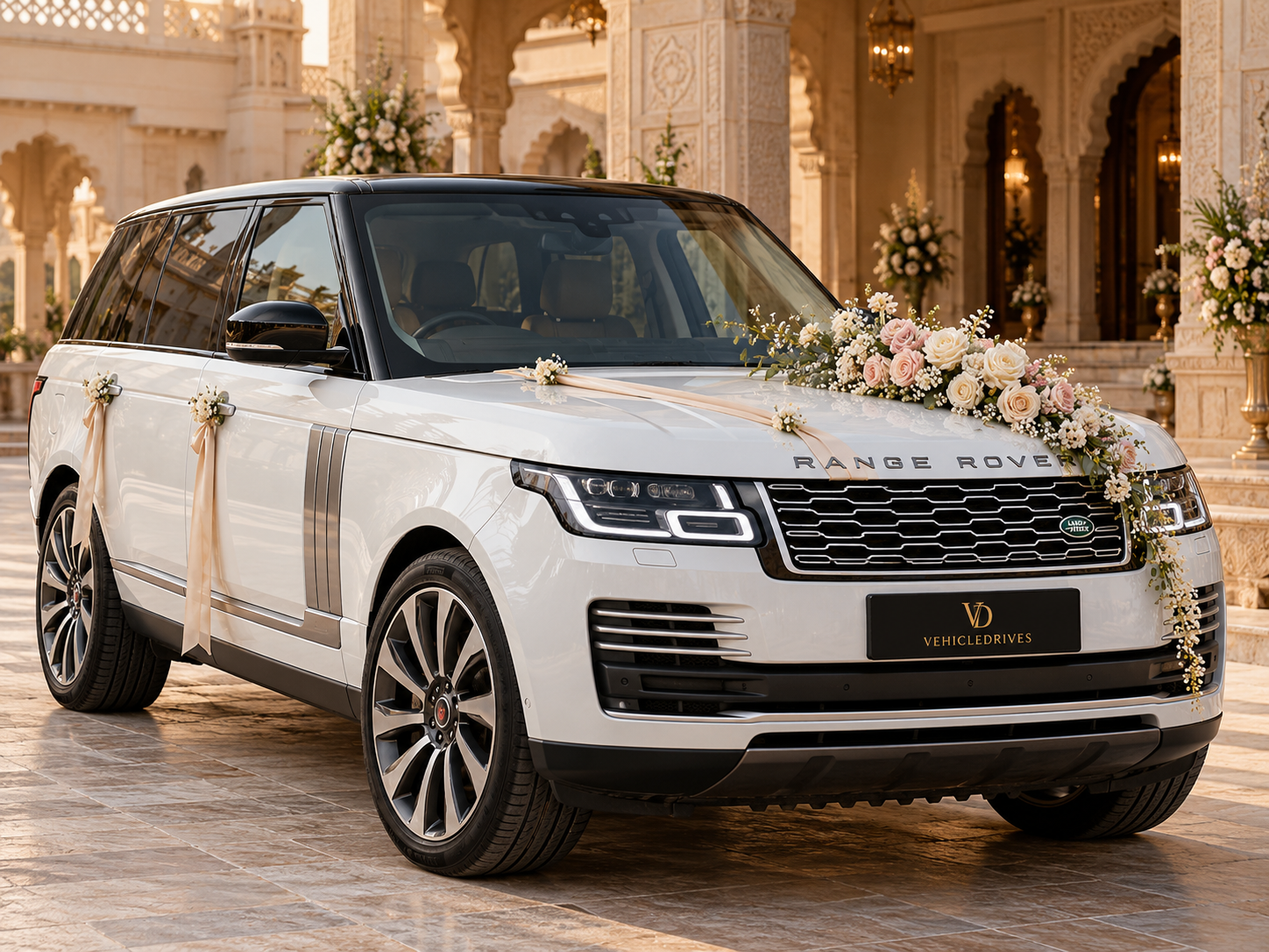 pearl white wedding suv at heritage palace 3
