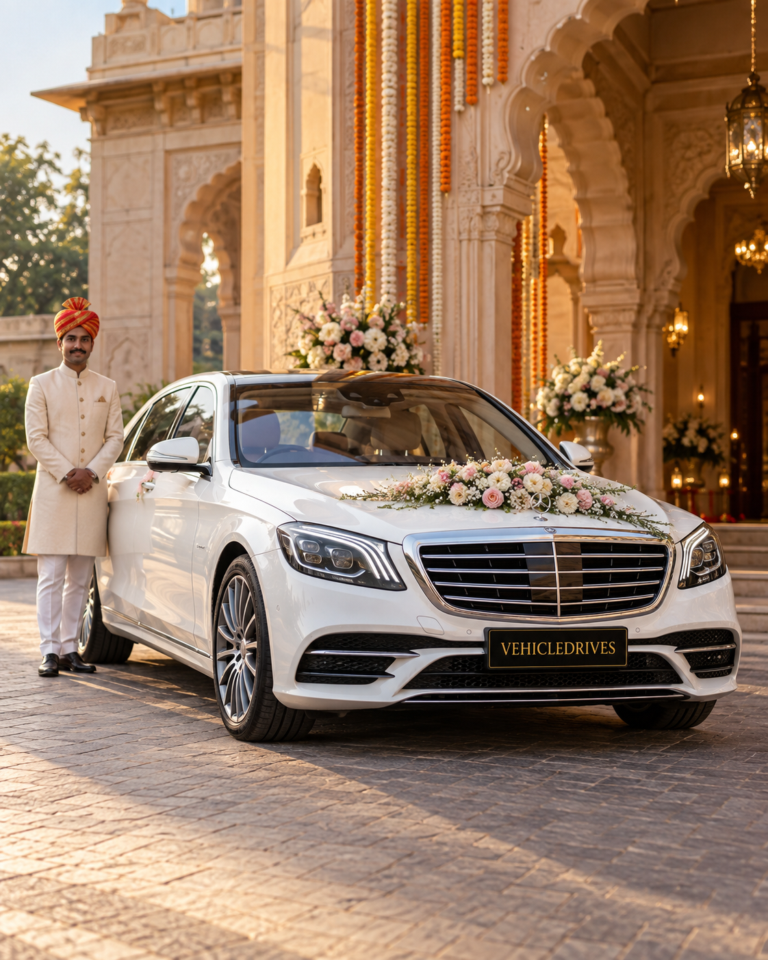 white mercedes at a heritage wedding