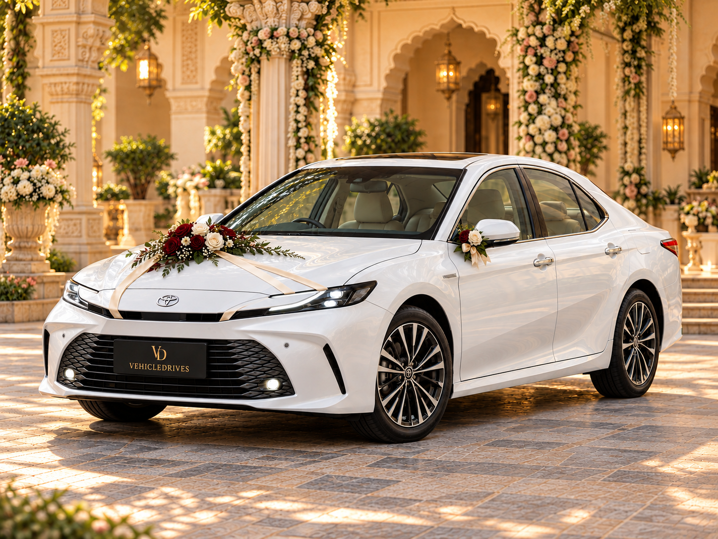 white toyota camry with burgundy roses